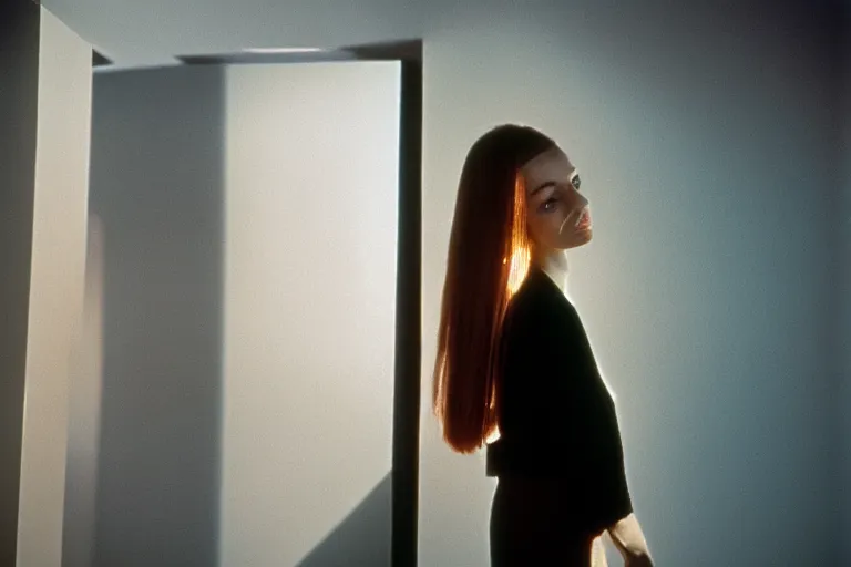 Prompt: backlit photograph of awestruck young woman standing in front of tall black box radiating esoteric energy in suburban living room, crisp focus, highly detailed, in nicolas roeg style, 3 5 mm ektachrome