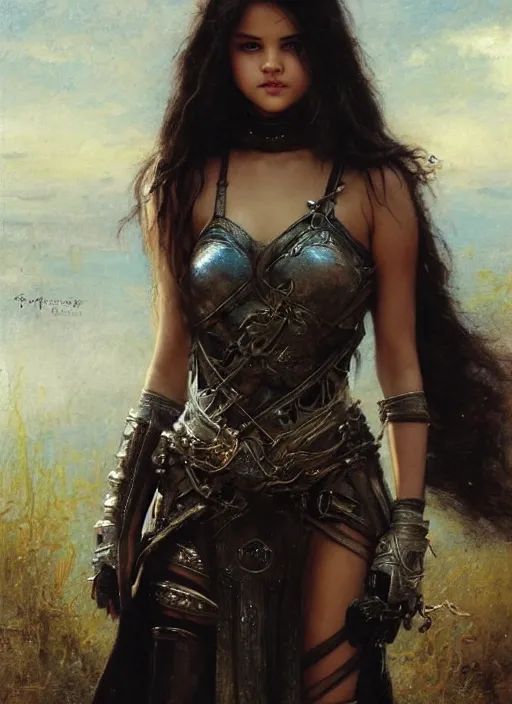 Image similar to young beautiful mischievous selena gomez wearing black medieval armour, bare legs, detailed, by gaston bussiere, bayard wu, greg rutkowski, giger, maxim verehin, greg rutkowski, masterpiece, sharp focus, cinematic lightning