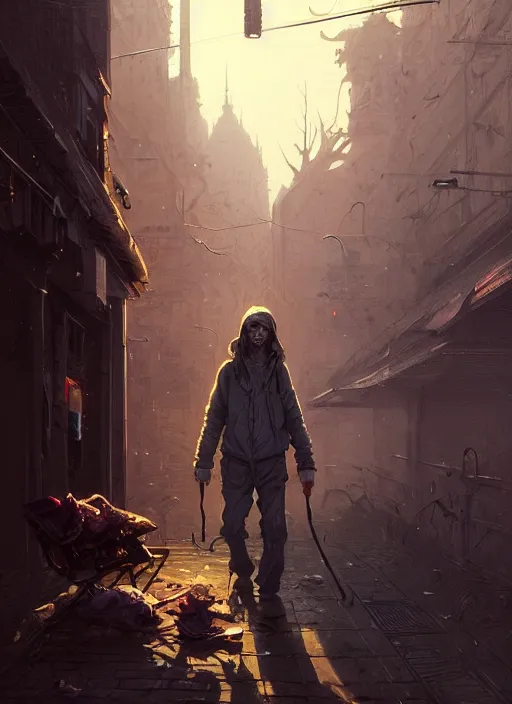 Image similar to Highly detailed portrait of homeless and beaten up Ghoul, Stephen Bliss, unreal engine, fantasy art by Greg Rutkowski, Loish, Rhads, ferdinand knab, Makoto Shinkai and Lois van baarle, ilya kuvshinov, rossdraws, Tom Bagshaw, alphonse mucha, global illumination, radiant light, detailed and intricate environment