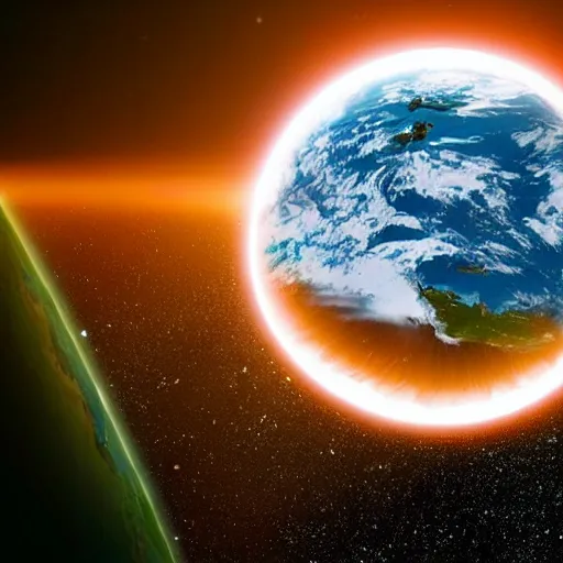 Image similar to the earth is obliterated by an Enormous alien ship shooting a plasma beam, moon pov looking down on earth