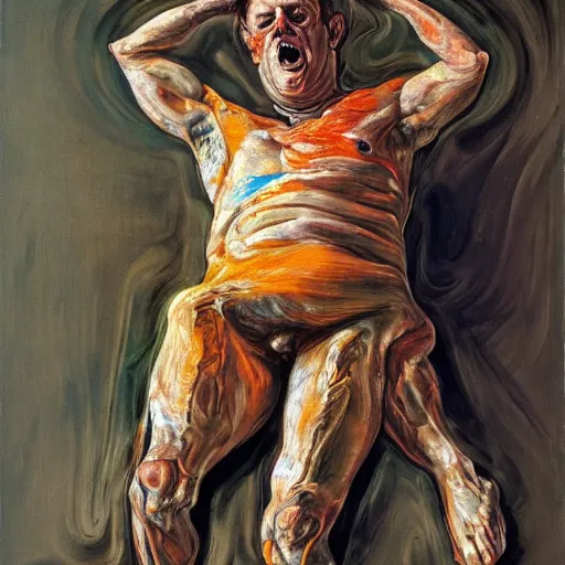 Image similar to high quality high detail painting of a man in agony by lucian freud and jenny saville and francis bacon, hd, anxiety, turquoise and orange