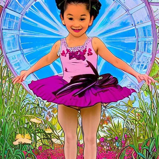 Image similar to a mixed race hapa five - year - old girl, dressed as a ballerina, performing at the washington dc botanical gardens, smiling into the camera, portrait, wide shot, midday light, bright colors, illustration, pop art, splash painting, art by geof darrow, ashley wood, alphonse mucha