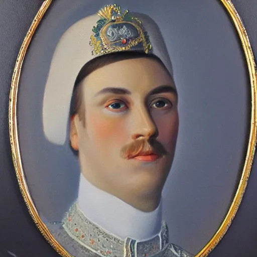 Prompt: young russian tsar. highly detailed.extreme long shot. oil paint.