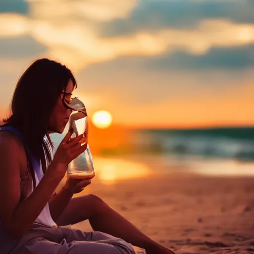 Prompt: a woman drinking gin and tonic on the beach, sunset, photography, 4 k,