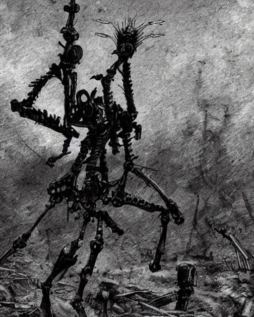 Prompt: a dramatic shot of a tall skinny biomechanical mech made of bones and obsidian with cyber muscles and insect parts and pale skin fighting a world war one soldier in eerie trenches of verdun at night while it's raining