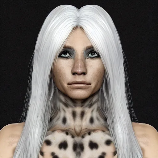 Prompt: A human cheetah hybrid with long lush white hair, concept art, highly detailed, 8k