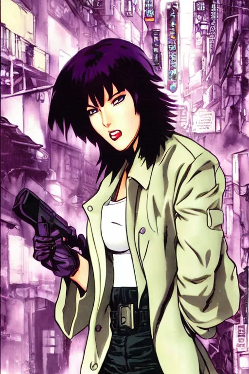 Prompt: motoko kusanagi by masamune shirow, trading card, trenchcoat, determined expression, dirty alleyway background, pin - up