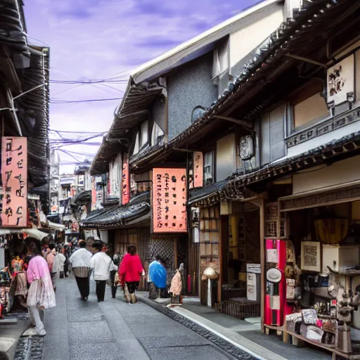 Prompt: A very detailed traditional Japanese street with lots of small shops selling intricate antiques in the future, photorealistic, 4k