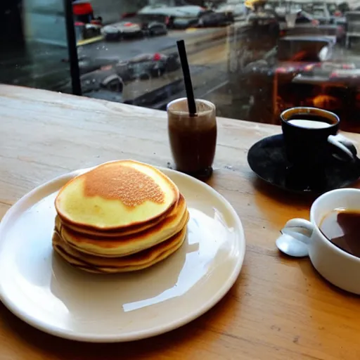Prompt: fluffy pancakes, coffee in the style of bansky