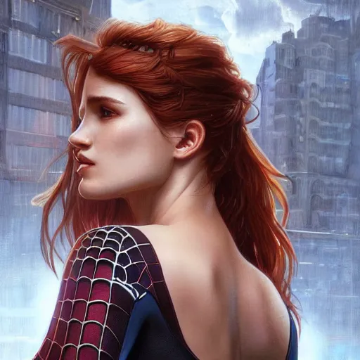 Image similar to ultra realistic illustration, bella thorne as spiderman, intricate, elegant, highly detailed, digital painting, artstation, concept art, smooth, sharp focus, illustration, art by artgerm and greg rutkowski and alphonse mucha and wlop