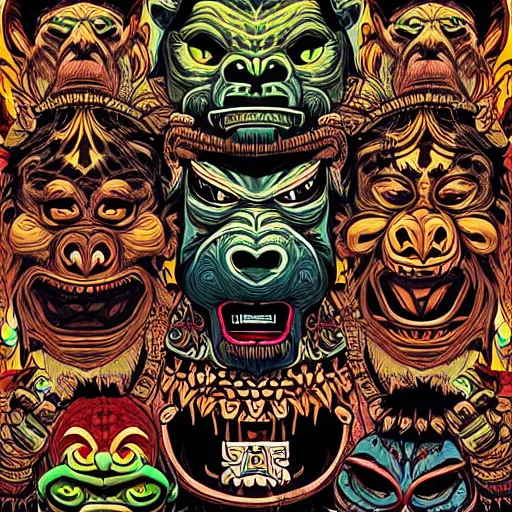 Prompt: barong family, wiwek, mara demon, one single tribe member, jungle, one single mask, dark, ancient warrior, stupid silly dumb gorilla moron, fat lizard, tribal, inner glow, art by dan mumford and justin gerard