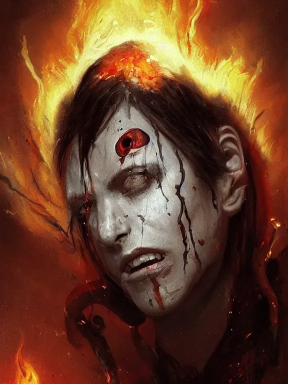 Image similar to painting by greg rutkowski of a flying sorrowful looking human head with tears running down it's eyes, face that is chalk white in color, with long white tentacles stemming from it's neck, fiery scorching red eyes, flying in a terrying hellish dark cavernous place