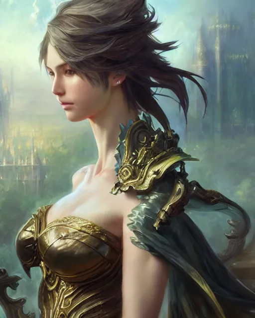 Image similar to daniel gerhartz and artgerm detailed portrait digital rococo painting of a beautiful final fantasy woman, fantasy scene, large palace in the background, unreal engine, hyper realism, realistic shading, cinematic composition, blender render, octane render, hdr, detailed textures, photorealistic, ultrawide shot, 3 5 mm film