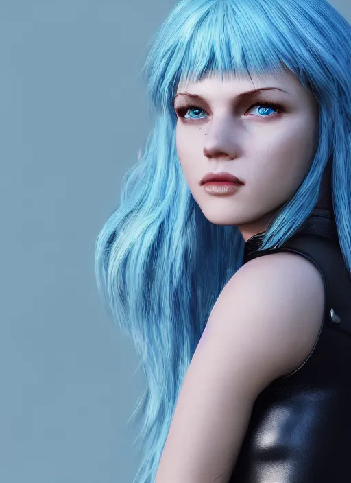 Image similar to Beautiful light blue haired model, navy leather female soldier outfit, blue leather soldier helmet, beautiful face, blue eyes, photo realistic, octane render, portrait, artstation, unreal engine