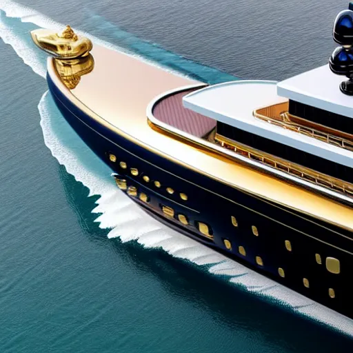 Prompt: wrinkled hunchbacked old butler polishing painting the side of a gold plated mega yacht with a cloth