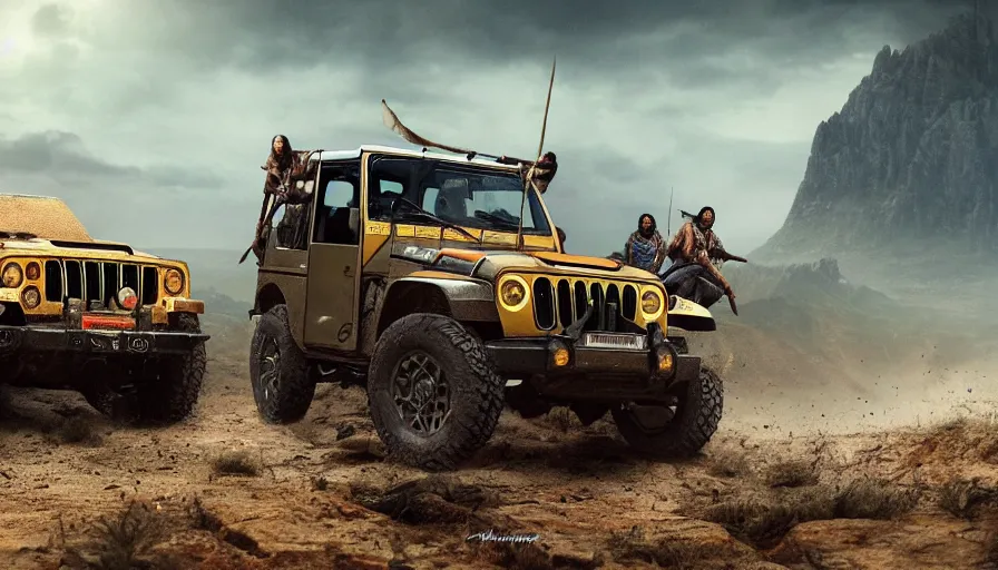 Image similar to Mahindra thar, tribe members attacking, action scene, an epic fantasy, dramatic lighting, cinematic, establishing shot, extremely high detail, photorealistic, cinematic lighting, artstation, by christopher nolan, horizon forbidden west