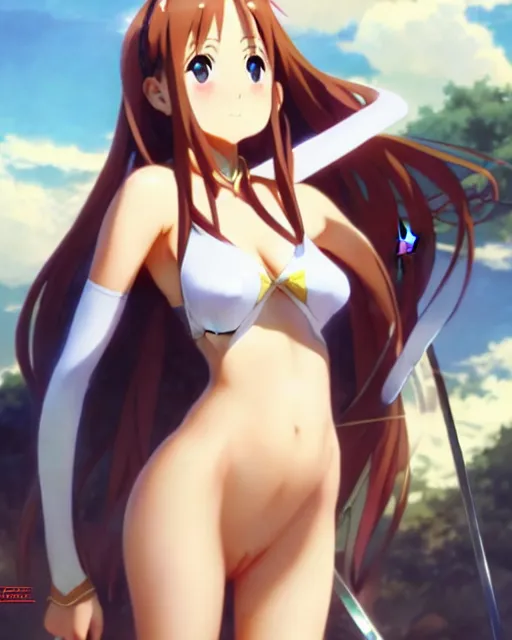 Image similar to very beautiful photo of asuna from sao, asuna by a - 1 pictures, by greg rutkowski, gil elvgren, enoch bolles, glossy skin, pearlescent, anime, maxim magazine, vert coherent