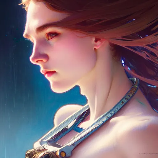 Image similar to portrait of beautiful girl with robot body by artgerm and greg rutkowski and alphonse mucha, close up, portrait, cinematic, elegant, artstation, intricate, highly detailed, digital painting, artstation, concept art, sharp focus, illustration, cyberpunk, cgsociety, 8 k