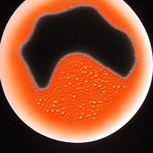 Prompt: microscopic petri dish photo of a transparent sectioned orange circular bacteria, microscopic photo, orange, dark black background, fluids inside