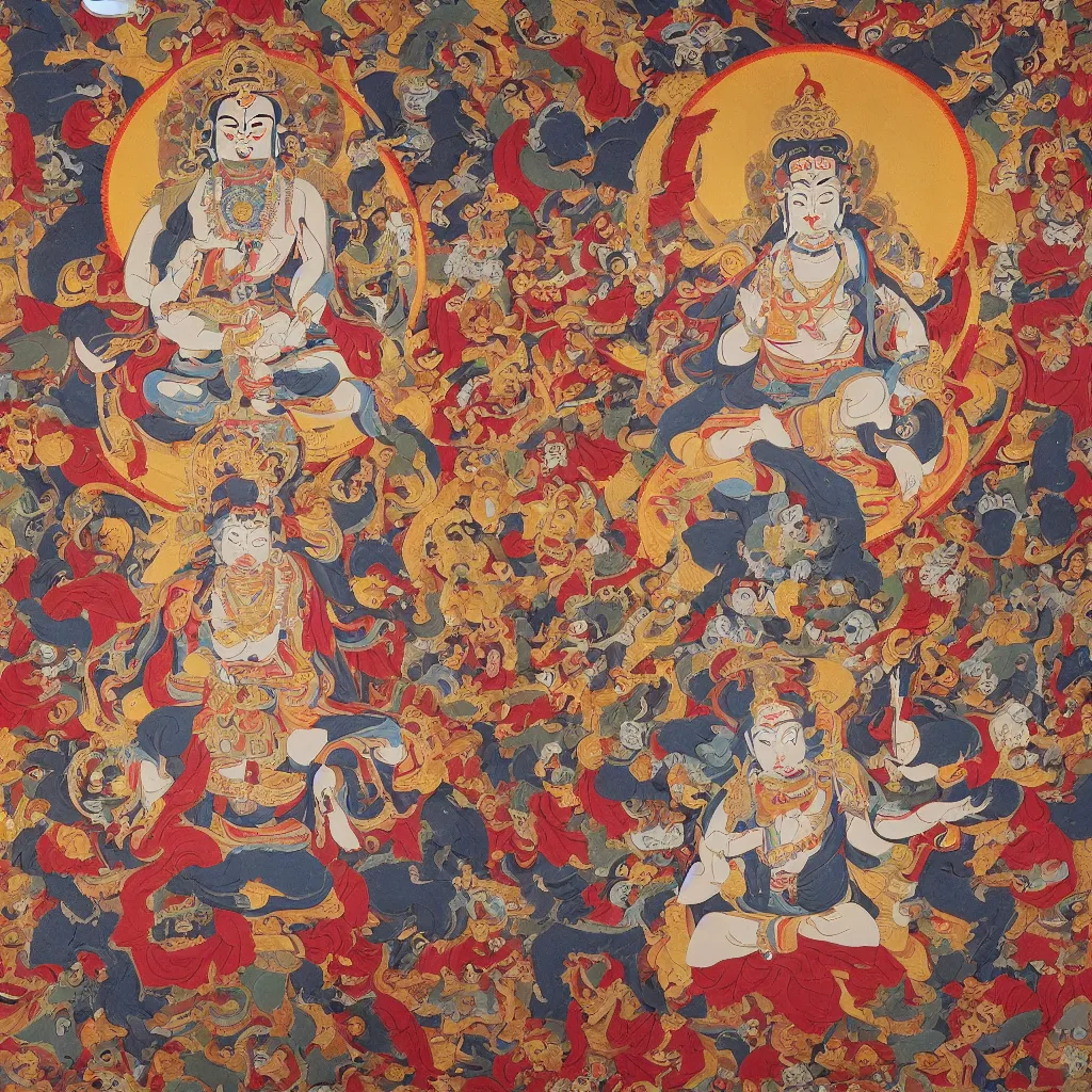 Image similar to mahakala tibetan deity as the mad drunk french philosopher foucault, tibetan thangka