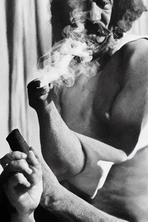 Image similar to a recent photograph of god smoking a cuban cigar by man ray