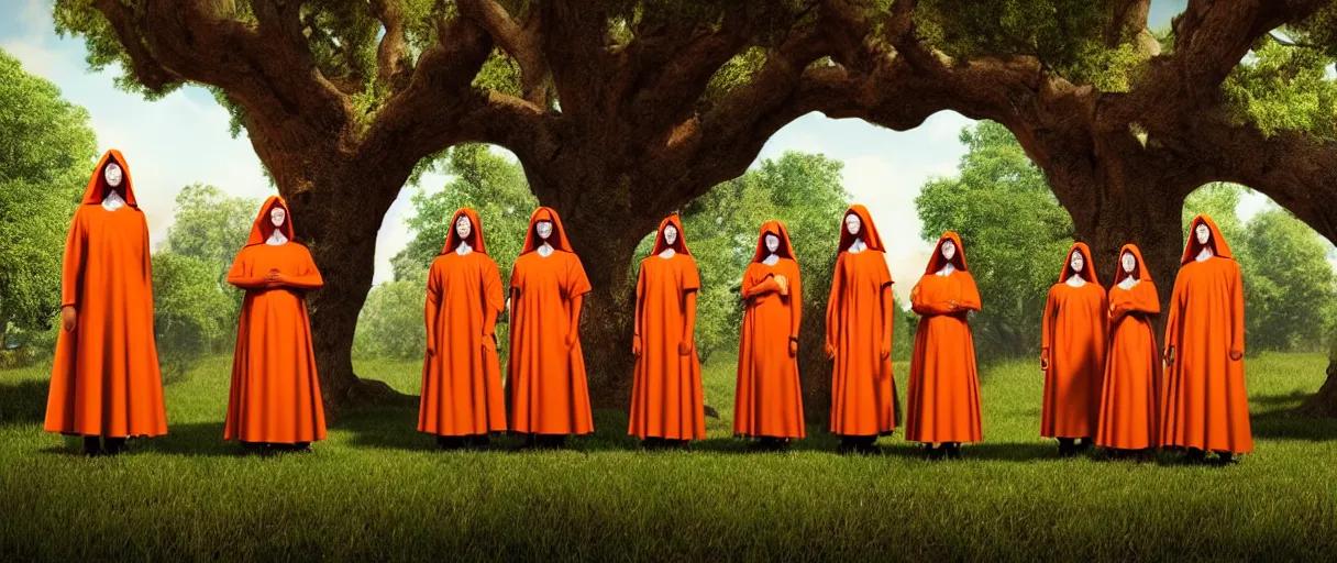 Image similar to hyperrealistic hyper detailed wide shot of low brow cyborg soldier nuns protecting a giant oak tree matte painting concept art key sage jeff koons very soft orange lighting low angle hd 8k sharp shallow depth of field