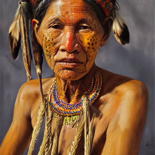 Prompt: high quality high detail painting by lucian freud, hd, full body of a indigenous tribe woman witch, photorealistic lighting