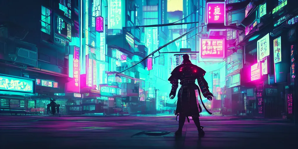 Image similar to A samurai in a cyberpunk city in a synthwave style. Wide shot, High action glowing neon lights, digital art, artstation, cinematic, volumetric lighting, Award winning, ultra high resolution, intricate details, rendered with unreal engine, octane render, UHD 8K