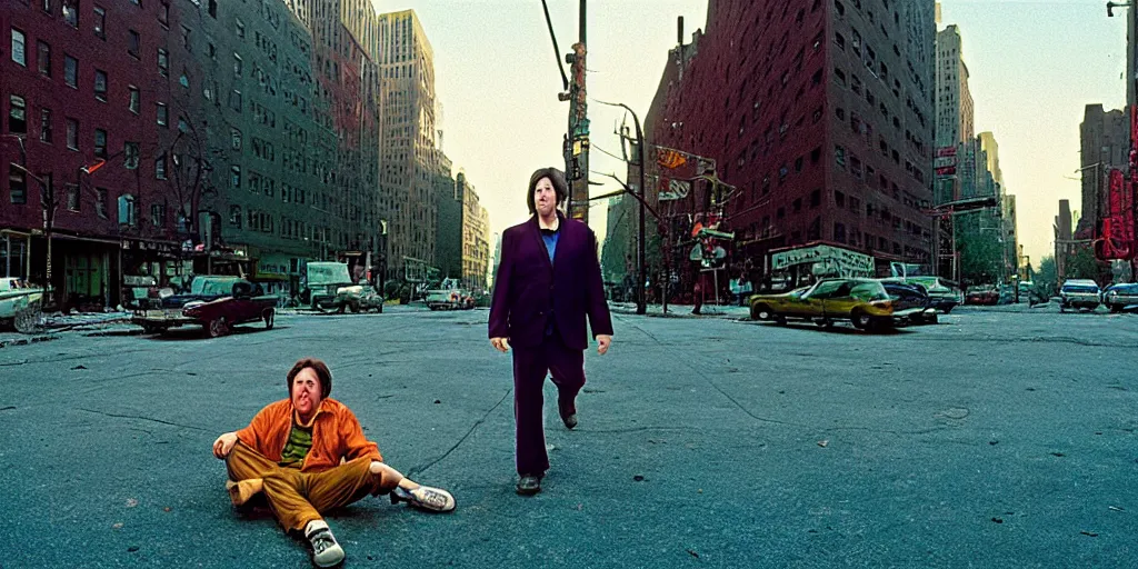 Image similar to award winning photo of BILL HICKS TRIPPING ON LSD in new york, vivid colors, happy, symmetrical face, beautiful eyes, studio lighting, wide shot art by gregory crewdson