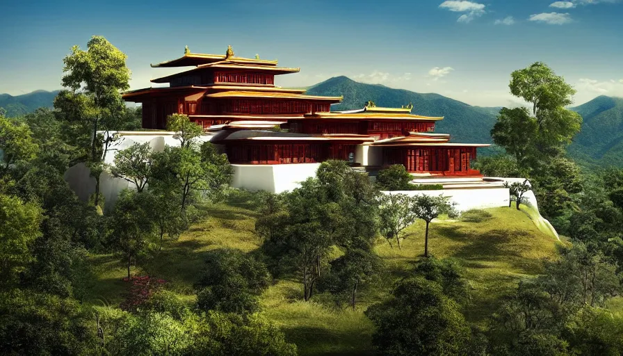 Image similar to temple villa inspired by tibetan architecture, on a green hill, overlooking a valley with trees, frank lloyd wright, photorealistic, birds eye view