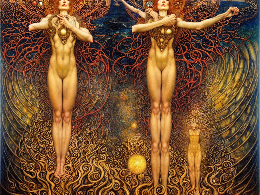 Prompt: Divine Chaos Engine by Karol Bak, Jean Delville, William Blake, Gustav Klimt, and James Jane, symbolist, visionary.