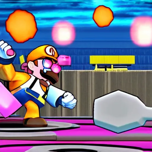 Image similar to walter white fighting kirby in super smash bros gamecube graphics