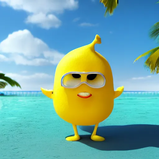 Prompt: a supercute cartoonnetwork lemon character, that is cute and good looking, it's is relaxing on a beach, by dalle - 2, octane render, 3 d, volumetric lightening,