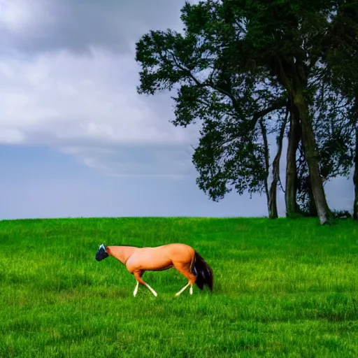 Image similar to a photo of a centaur walking alone in a green field with nice bright weather