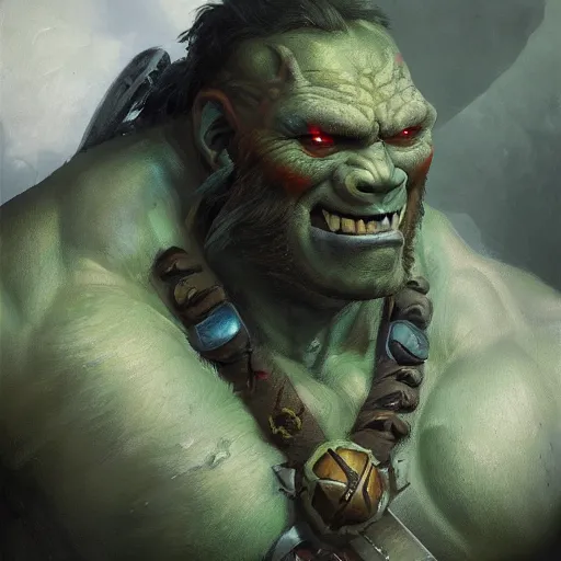 Image similar to a beautiful digital painting of an Orc Barbarian by artists Adrian Smith, Greg Rutkowski, Svetlin Velinov, David Benzal, Ilya Repin, Frans Hals, green color scheme, artstation, cgsociety