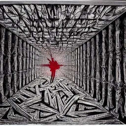 Prompt: a dark mind in a nightmare is aware of betrayal sadness and despondency of a schizophrenic in a red mirror maze room