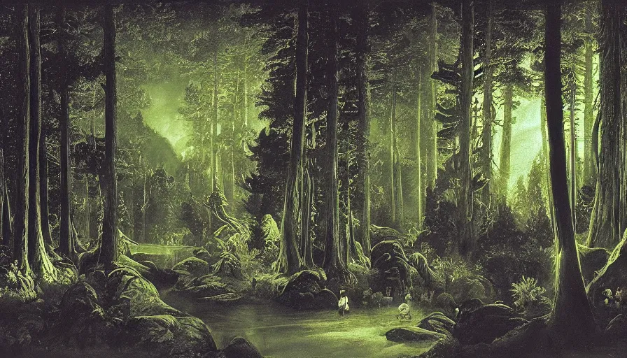 Prompt: disney illustrated background of a fantasy forest at night by eugene von guerard, ivan shishkin, john singer sargent
