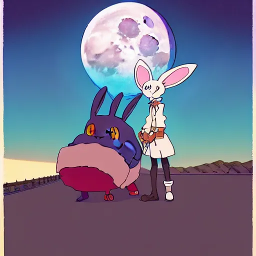Image similar to a study of cell shaded cartoon mega bunny from howl's moving castle ( 2 0 0 4 ) on a desert road, in front of a big moon, full body, wide shot, very muted colors, post grunge, studio ghibli, laurie greasley, highly detailed, deviantart, art by artgem
