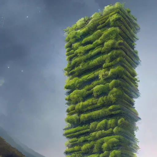 Prompt: vertical farm towers surrounding a sci - fi nuclear containment building in a steep - sided valley with trees, a sense of hope, in the style of edouard groult