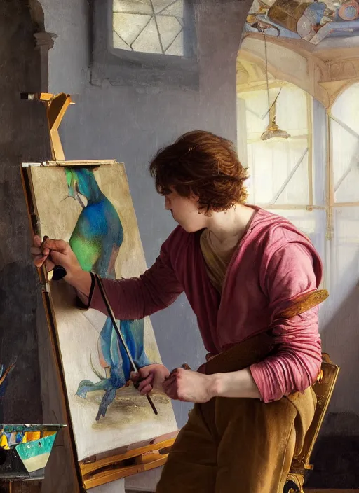 Image similar to a young painter in his studio painting a picture of a colourful pokemon, by edgar maxence and caravaggio and michael whelan and delacroix style, artistic, intricate drawing, cinematic lighting, hyper realistic, extremely detailed, establishing shot, 8 k resolution, dramatic lighting