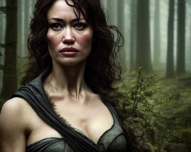 Image similar to 5 5 mm portrait photo of olga kurylenko as real life tough looking yennefer of vengerberg, in a forest. magical atmosphere. art by greg rutkowski. highly detailed 8 k. intricate. lifelike. soft light. nikon d 8 5 0.