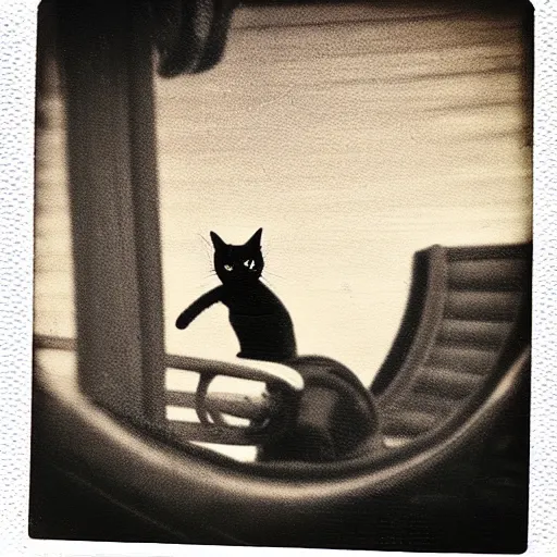 Image similar to black cat in a rollercoaster. the cat looks happy. sunlight. polaroid photo. sepia. grainy.