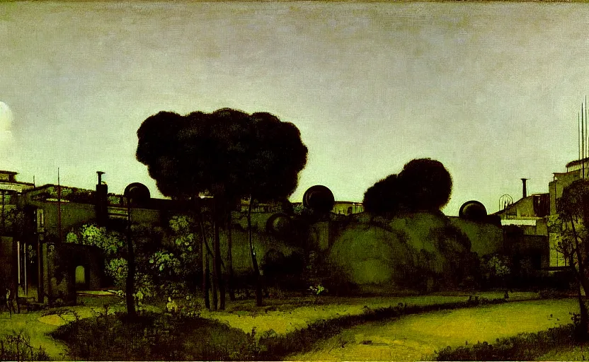 Image similar to geometric painting of industrial buildings surrounded by undergrowth by gustave courbet