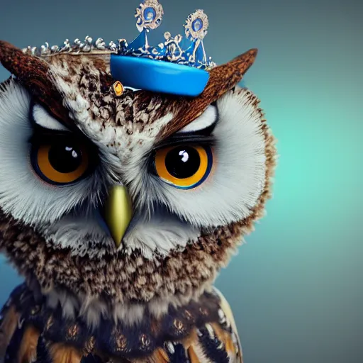 Image similar to cute owl, charactor, with big blue eyes, with a crown on his head, magical, warrior, portrait, hyper detailed, stylistic, symmetrical, 3 d render, photorealitic, 8 k, octane render