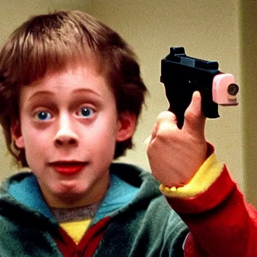 Prompt: kevin from home alone holding a glock in his hand.