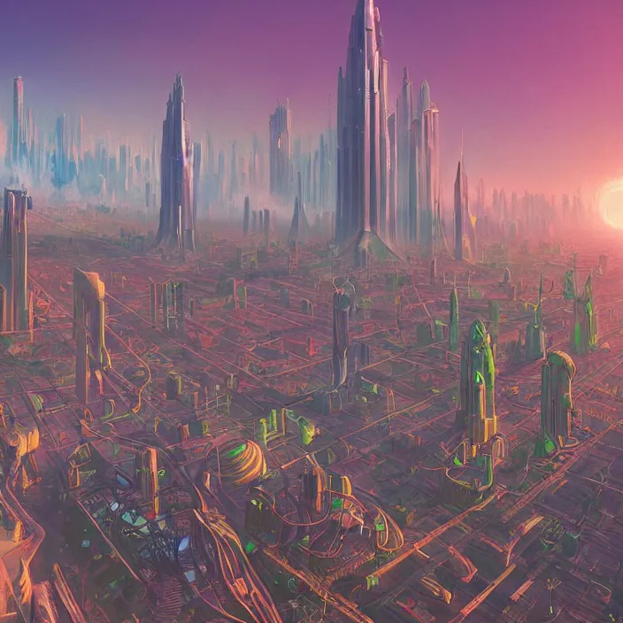 Prompt: city skyline, science fiction, extremely detailed, sharp focus, pastel colors, intricate, beautiful, illustration, volumetric lighting, digital painting, by roger dean, by simon stalenhag, by alex grey