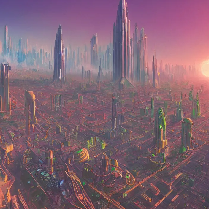 Image similar to city skyline, science fiction, extremely detailed, sharp focus, pastel colors, intricate, beautiful, illustration, volumetric lighting, digital painting, by roger dean, by simon stalenhag, by alex grey