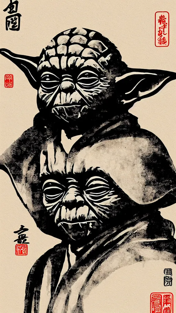 Image similar to a portrait of yoda as japanese ink calligraphy. color harmony, 8 k detail, gallery quality, hd wallpaper, premium prints available, hyper - detailed, intricate design.