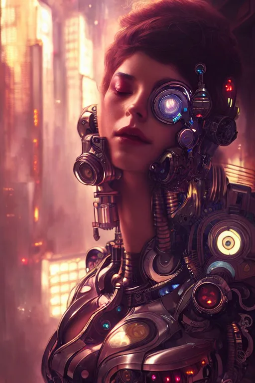 Image similar to ultra realistic, beautiful female cyborg in a crowded smoky cyberpunk club in space megalopolis, sci - fi, intricate details, eerie, highly detailed, octane render, 8 k, art by artgerm and alphonse mucha and greg rutkowski