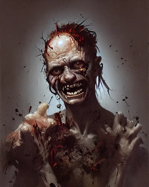 Image similar to hyper realistic photo portrait laughing lunatic zombie cinematic, greg rutkowski, james gurney, mignola, craig mullins, brom